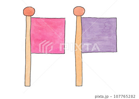 水性ペンと透明水彩絵の具で描いた赤と紫色の旗のイラストセット 水性ペンと透明水彩絵の具で描いた赤と紫色の旗のイラストセット 107765282