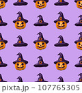 Halloween seamless pattern of pumpkins and witch hats on a purple background 107765305