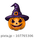 Halloween scary pumpkin in purple witches hat in cartoon style. 107765306