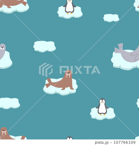Seamless pattern Cute Arctic animals. Vector illustration with funny polar animals. Walrus, penguin and a navy seal on an ice floe. Seamless pattern Cute Arctic animals. Vector illustration with funny polar animals. Walrus, penguin and a navy seal on an ice floe. 107766109