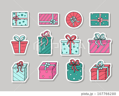 Stickers Gift boxes with bows. Vector illustration of colored icons of a festive present in a package. Stickers Gift boxes with bows. Vector illustration of colored icons of a festive present in a package. 107766280