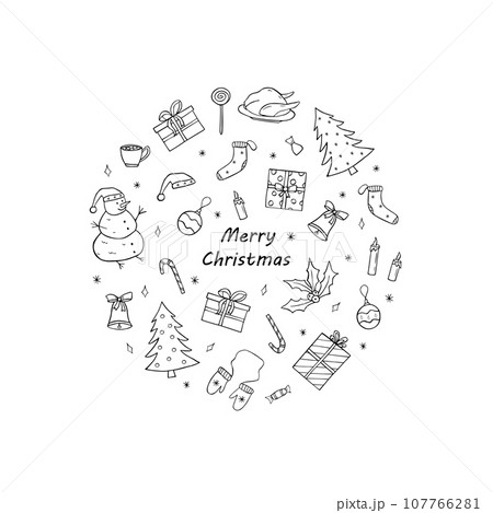 Christmas and New Year set of doodle icons. Vector illustration of cartoon hand draw elements of the symbol of Christmas. 107766281