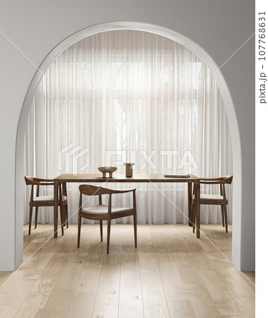Modern minimal style wooden interior with window, arch and dining table background. Nature design. 3d rendering. High quality 3d illustration 107768631