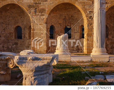 travel to ancient city of Side, Antalya coast of Turkey in tourist low season. Side was most important port city of Pamphylia in antiquity. 107769255