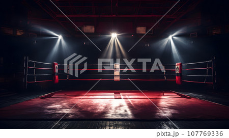 Epic empty boxing ring in the spotlight on the fight night. Generative AI 107769336