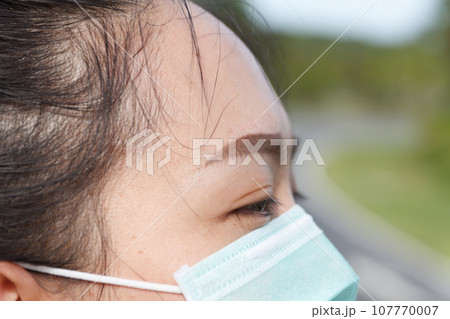 Close up of sport woman in medical protective mask. 107770007