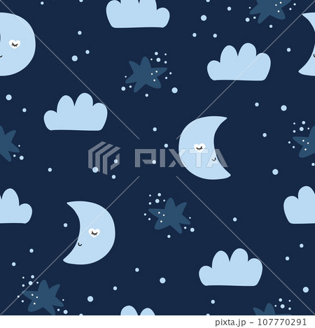 Seamless childish pattern with moons, clouds, stars. 107770291