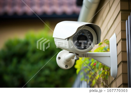 CCTV camera on the wall of the building for monitoring situation. CCTV camera on the wall of the building for monitoring situation. 107770303