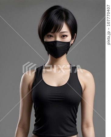 マスクをかけノースリーブの服を着たショートカットの女性 マスクをかけノースリーブの服を着たショートカットの女性 107770407