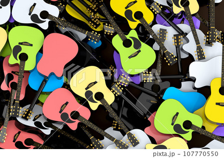 Heap of flying acoustic guitars isolated on white background. Heap of flying acoustic guitars isolated on white background. 107770550