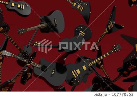 Many of flying electric guitars isolated on red background. Many of flying electric guitars isolated on red background. 107770552