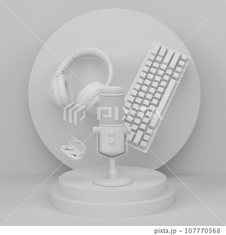 Set of video game microphone, keyboard and headphones on monochrome podium Set of video game microphone, keyboard and headphones on monochrome podium 107770568