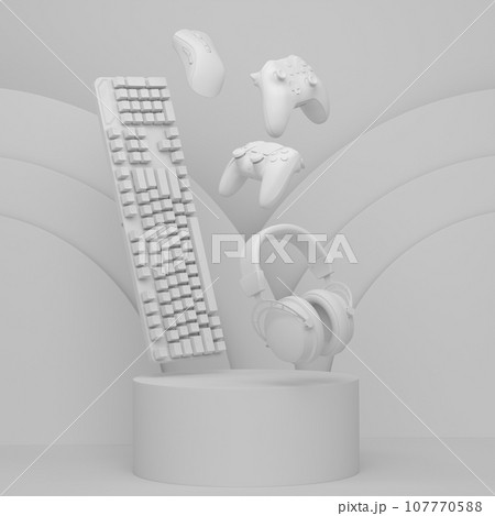 Set of video game joystick, keyboard, mouse and headphones on monochrome podium Set of video game joystick, keyboard, mouse and headphones on monochrome podium 107770588