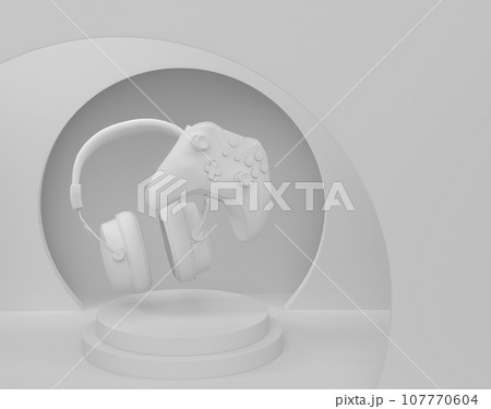 Set of video game joystick and headphones on podium with step on monochrome Set of video game joystick and headphones on podium with step on monochrome 107770604