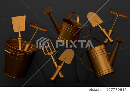 Garden equipment and supply on podium on monochrome background. 107770615