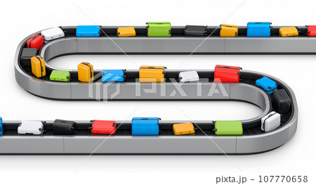 Airport luggage conveyor belt or baggage claim area with suitcases on white. 107770658