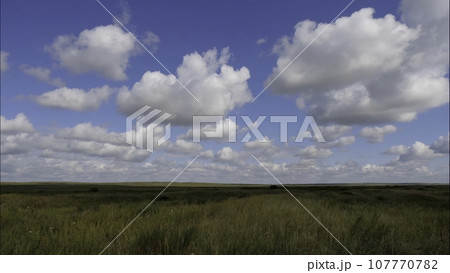 Summer landscape with field of grass,blue sky timelapse. Green Grass Field Landscape with fantastic clouds in the background. Great summer landscape. 107770782