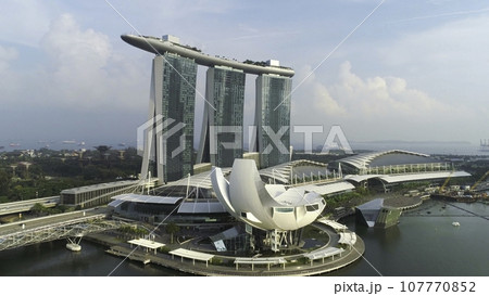 Aerial view of Marina Bay Sands Singapore. Shot. Aerial view of Singapore City Skyline with Marina Bay Sands 107770852