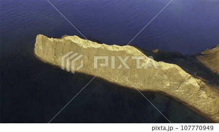 Aerial view of island. Shot. Beautiful sandy island. Ocean, sky, sea 107770949