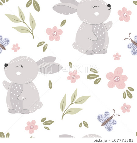 Cute rabbit pattern. Seamless background with funny baby animal. Repeating print with lovely character. Cute rabbit pattern. Seamless background with funny baby animal. Repeating print with lovely character. 107771383