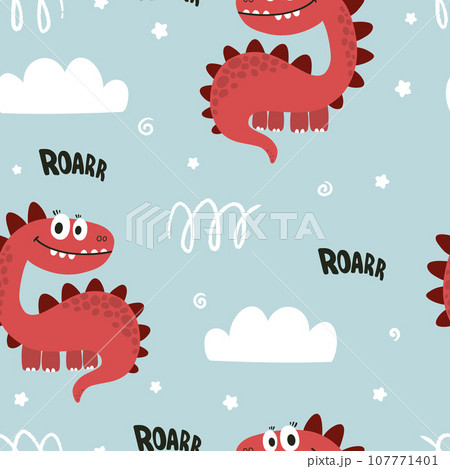 Childish seamless pattern with hand drawn dinosaurs. Creative vector kids background for fabric, textile, wallpaper. Childish seamless pattern with hand drawn dinosaurs. Creative vector kids background for fabric, textile, wallpaper. 107771401