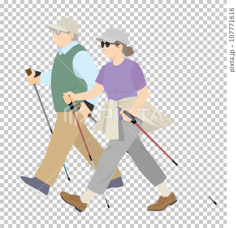 北歐式健走，男人和女人拄著拐杖行走 107771616