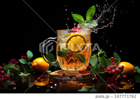 Tea in transparent cup with mint, orange and ginger with spices. Generative AI Tea in transparent cup with mint, orange and ginger with spices. Generative AI 107771762