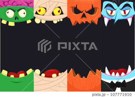 Halloween funny faces set of four characters. Cartoon heads of grim reaper, pumpkin Jack o lntern zombie, vampire and mummy. Vector illustration isolated. Party decoration design 107771910