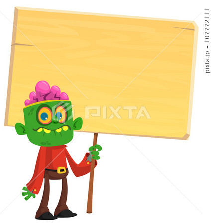 Cartoon zombie holding wooden sign. Vector illustration isolated. Halloween design element for banner, postcard, poster. Cartoon zombie holding wooden sign. Vector illustration isolated. Halloween design element for banner, postcard, poster. 107772111