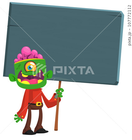 Cartoon zombie holding wooden sign. Vector illustration isolated. Halloween design element for banner, postcard, poster. Cartoon zombie holding wooden sign. Vector illustration isolated. Halloween design element for banner, postcard, poster. 107772112