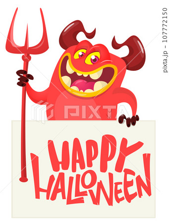Red devil hand holding white sheet and trident. Satan holds and signboard. Halloween party illustration. 107772150