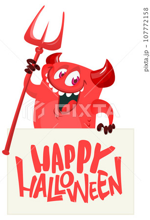 Red devil hand holding white sheet and trident. Satan holds and signboard. Halloween party illustration. 107772158