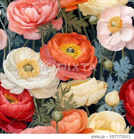 Seamless pattern, Ranunculus flowers , vintage style , water color design , AI generated 107772611