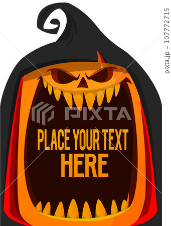 Halloween pumpkin head with scary face expression. Vector cartoon illustration of glowing jack-o-lantern monster character design with carved emotion isolated on the black background. 107772715