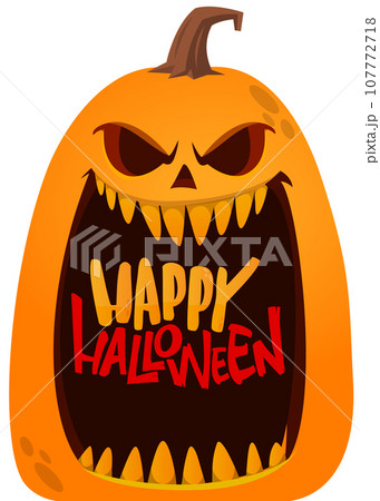 Halloween pumpkin head with scary face expression. Vector cartoon illustration of glowing jack-o-lantern monster character design with carved emotion isolated on the black background. 107772718