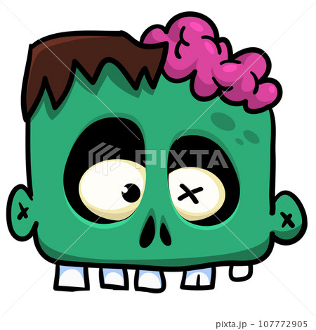 Cartoon angry zombie head. Halloween vector illustration of funny zombie moaning with wide open mouth full of teeth 107772905