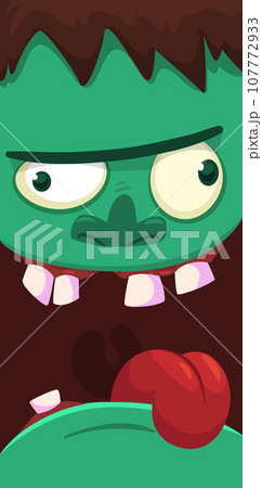 Cartoon angry zombie face avatar. Halloween vector illustration of funny zombie moaning with wide open mouth full of teeth. Great for decoration or package design. Cartoon angry zombie face avatar. Halloween vector illustration of funny zombie moaning with wide open mouth full of teeth. Great for decoration or package design. 107772933