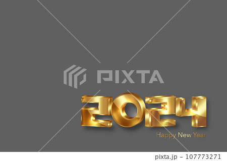 2024 golden 3D numbers, Happy New Year banner Christmas theme. Holiday design for greeting card, invitation, calendar, party, gold luxury vip, vector isolated on gray background 107773271