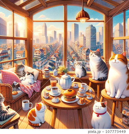 仲間同士の猫たちがカフェでオフ会を楽しむ 107773449