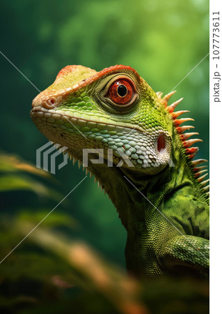 Lizard against green background. Generative AI 107773611