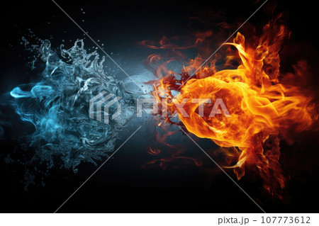 Struggle of fire and water on dark background. Generative AI 107773612