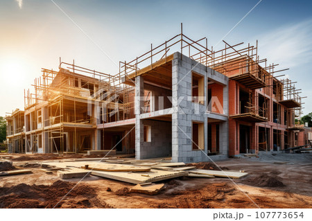 Building new house. Red bricks at construction site. Generative AI 107773654