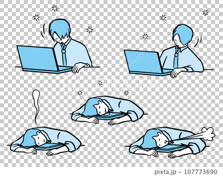 Monochrome illustration set of a tired businessman dozing off in front of a computer Monochrome illustration set of a tired businessman dozing off in front of a computer 107773690