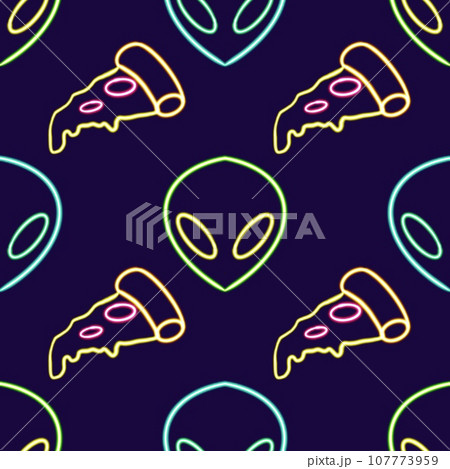 seamless pattern alien and pizza glowing desktop icon, neon alien and pizza sticker, neon figure, glowing figure, neon geometrical figures  107773959