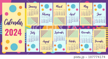 2024 calendar happy new year. Design style of the 90s. Layout template. Design poster, banner. Vector illustration. 107774174