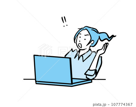 パソコンの画面を前にハッと何かに気づいた働く女性の単色イラスト パソコンの画面を前にハッと何かに気づいた働く女性の単色イラスト 107774367