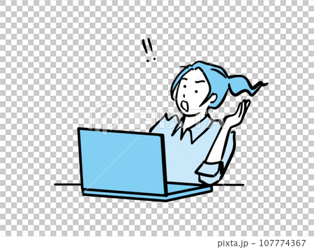 パソコンの画面を前にハッと何かに気づいた働く女性の単色イラスト パソコンの画面を前にハッと何かに気づいた働く女性の単色イラスト 107774367