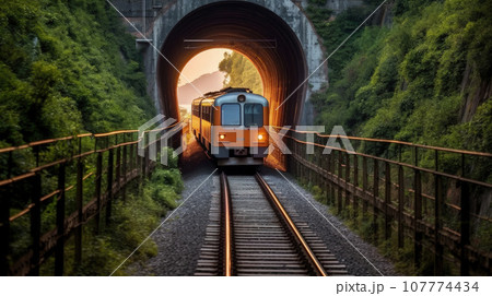The train is steadily making its way along the track, drawing closer to the impending curve The train is steadily making its way along the track, drawing closer to the impending curve 107774434