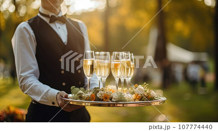 Waiter at a party, carrying a tray with champagne or wine glasses. Outdoor wedding Waiter at a party, carrying a tray with champagne or wine glasses. Outdoor wedding 107774440