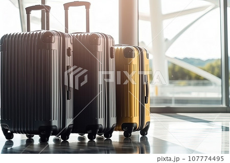 Luggage suitcases at the airport wide banner with copy space area for vacations and holiday travel concepts 107774495